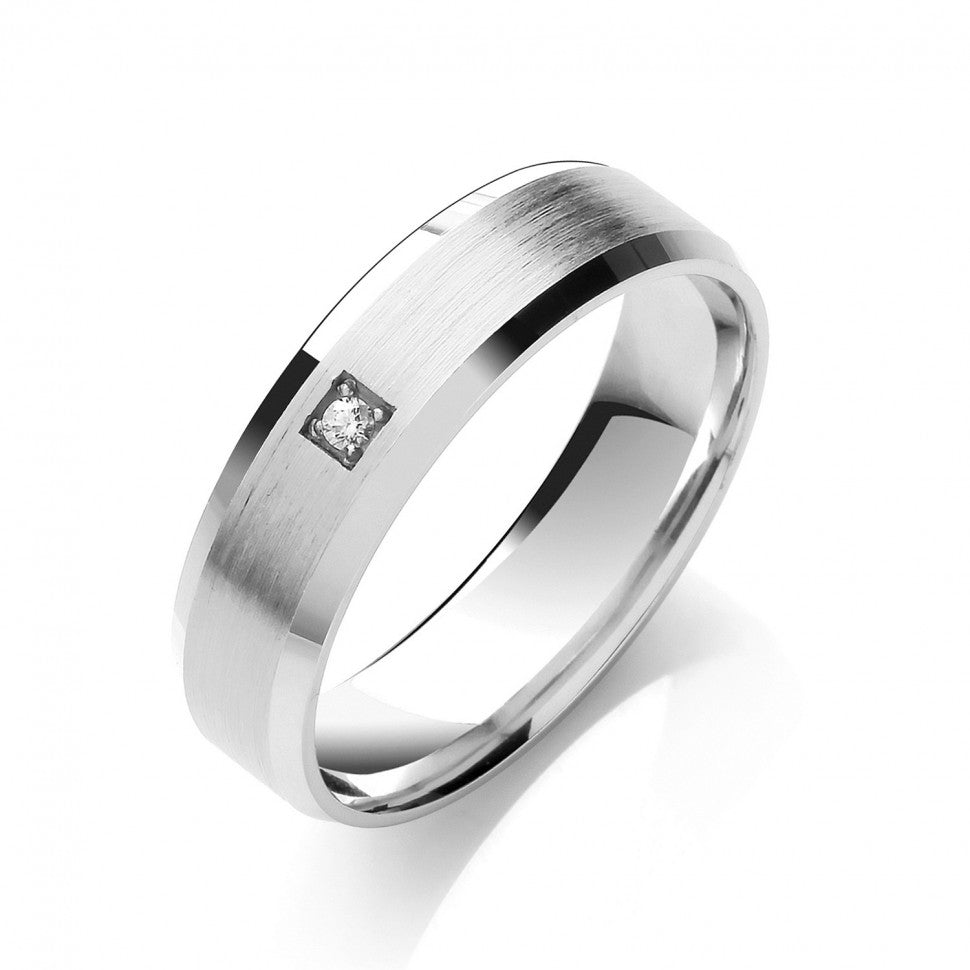 0.02ct S/S Brilliant Cut Diamond Set 6mm Flat Court Bevelled Edge Matt Centre Wedding Band ByRegal+
